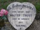 
Walter TROST,
son,
died in infancy 1933;
Helidon General cemetery, Gatton Shire
