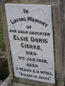 Elsie Doris GIERKE,
daughter,
died 9 Jan 1928 aged 3 years 8 months;
Bertha ECKART,
mother,
died 29 Aug 1931 aged 88 years;
Helidon General cemetery, Gatton Shire