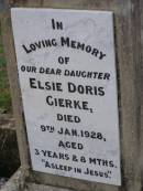 
Elsie Doris GIERKE,
daughter,
died 9 Jan 1928 aged 3 years 8 months;
Bertha ECKART,
mother,
died 29 Aug 1931 aged 88 years;
Helidon General cemetery, Gatton Shire
