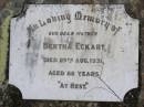 
Elsie Doris GIERKE,
daughter,
died 9 Jan 1928 aged 3 years 8 months;
Bertha ECKART,
mother,
died 29 Aug 1931 aged 88 years;
Helidon General cemetery, Gatton Shire

