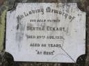 Elsie Doris GIERKE,
daughter,
died 9 Jan 1928 aged 3 years 8 months;
Bertha ECKART,
mother,
died 29 Aug 1931 aged 88 years;
Helidon General cemetery, Gatton Shire