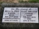 
Neville Paul LUGGE,
born 29 May 1928,
accidentally killed 6 APril 1929;
Alice Gertrude LUGGE,
born 22 Feb 1895,
died 8 Aug 1977;
Helidon General cemetery, Gatton Shire
