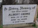Albert GIERKE,
cousin,
died 29-12-1975 aged 75 years;
Helidon General cemetery, Gatton Shire