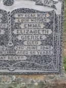 Wilhelm GIERKE,
father grandfather,
died 2 Sept 1956 aged 77 years;
Emma Elizabeth GIERKE,
wife mother,
died 21 June 1945 aged 66 years;
Helidon General cemetery, Gatton Shire