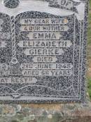 
Wilhelm GIERKE,
father grandfather,
died 2 Sept 1956 aged 77 years;
Emma Elizabeth GIERKE,
wife mother,
died 21 June 1945 aged 66 years;
Helidon General cemetery, Gatton Shire
