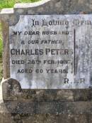 Charles PETERS,
husband father,
died 28 Feb 1937 aged 60 years;
Helidon General cemetery, Gatton Shire