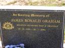 James Ronald GRAHAM,
husband dad grandad,
13-10-1914 - 20-7-1996;
Helidon General cemetery, Gatton Shire