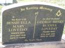 Bessie Ella Mary LOVEDAY,
wife,
died 27 July 1998 aged 77 years;
George Henry Russell LOVEDAY,
husband,
died 27 June 1993 aged 81 years;
Helidon General cemetery, Gatton Shire