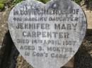 
Jennifer Mary CARPENTER,
daughter,
died 14 April 1957 aged 3 months;
Helidon General cemetery, Gatton Shire
