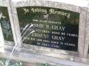 parents;
Annie B. GRAY,
died 22 Oct 1944 aged 56 years;
Ernest GRAY,
died 8 Jan 1961 aged 71 years;
Helidon General cemetery, Gatton Shire