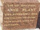 William PLANT,
husband father,
died 24 Jan 1935 aged 69 years;
Elizabeth PLANT,
mother,
died 22 Dec 1953 aged 86 years;
Margaret PLANT,
died 12 April 1977;
Anne PLANT,
sister,
died 1 Nov 1960;
Helidon General cemetery, Gatton Shire