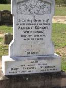 Albert Ernest WILKINSON,
husband father,
died 15 June 1937 aged 72 years;
Mary Frances WILKINSON,
mother,
died 8 July 1957 aged 91 years;
Gladys P. WILKINSON,
sister,
died 20 June 1970 aged 73 years;
Helidon General cemetery, Gatton Shire