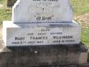 Albert Ernest WILKINSON,
husband father,
died 15 June 1937 aged 72 years;
Mary Frances WILKINSON,
mother,
died 8 July 1957 aged 91 years;
Gladys P. WILKINSON,
sister,
died 20 June 1970 aged 73 years;
Helidon General cemetery, Gatton Shire