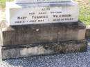 Albert Ernest WILKINSON,
husband father,
died 15 June 1937 aged 72 years;
Mary Frances WILKINSON,
mother,
died 8 July 1957 aged 91 years;
Gladys P. WILKINSON,
sister,
died 20 June 1970 aged 73 years;
Helidon General cemetery, Gatton Shire
