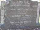 John Edward FAIRBANKS, husband father, aged 74 years; Elizabeth FAIRBANKS, mother, aged 91 years; James Richard FAIRBANKS, brother, aged 65 years; Ronald C. FAIRBANKS, died 6 March 1960; John T. FAIRBANKS, died 27 July 1964; Margaret E. FAIRBANKS, died 21 July 1970; Helidon General cemetery, Gatton Shire 