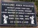 
Gregory John WEGNER,
twin son of Harold & Hazel WEGNER,
brother of Shirley & Geoffrey,
born 5 Feb 1953
died 10 Feb 1953;
Helidon General cemetery, Gatton Shire
