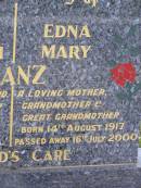 Edward William MANZ,
husband father grandfather great-grandfather,
born 19 July 1907
died 2 June 1993;
Edna Mary MANZ,
mother grandmother great-grandmother,
born 14 August 1917
died 16 July 2000;
Helidon General cemetery, Gatton Shire