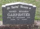 
Alfred Benjamin CARPENTER,
died 8 Dec 1979 aged 75 years;
Helidon General cemetery, Gatton Shire
