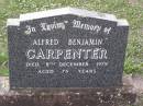 Alfred Benjamin CARPENTER,
died 8 Dec 1979 aged 75 years;
Helidon General cemetery, Gatton Shire