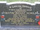 Gustav August SCHULZ, husband father grandfather, died 24-8-1977 aged 75 years; May Elizabeth SCHULZ, wife mother mother-in-law grandmother great-grandmother, died 23-3-1984 aged 76 years 11 months; Helidon General cemetery, Gatton Shire 