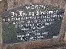 
parents grandparents;
Annie Maude Oliver WERTH
died 26 Nov 1969 aged 58 year;
Percy WERTH,
died 6 Apr 1981 aged 78 years;
Helidon General cemetery, Gatton Shire
