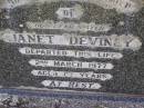 Janet DEVINEY, sister, died 2 March 1977 aged 87 years; Helidon General cemetery, Gatton Shire 