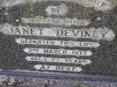 
Janet DEVINEY,
sister,
died 2 March 1977 aged 87 years;
Helidon General cemetery, Gatton Shire
