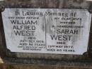 William Alfred WEST,
father,
died 25 Oct 1978 aged 84 years;
Sarah WEST,
wife mother grandmother,
died 19 May 1977 aged 80 years;
Helidon General cemetery, Gatton Shire