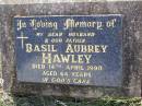 
Basil Aubrey HAWLEY,
husband father,
died 14 April 1990 aged 64 years;
Helidon General cemetery, Gatton Shire
