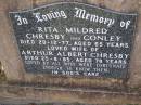 Rita Mildred CHRESBY, nee CONLEY,
died 20-12-77 aged 65 years,
wife of Arthur Albert CHRESBY;
Arthur Albert CHRESBY,
died 25-8-85 aged 78 years;
Helidon General cemetery, Gatton Shire