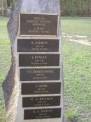 Helidon Cemetery Trustees memorial;
A. TIGHE, trustee 38 years;
R. ANDREW, died 1977, trustee 39 years;
L. DUNCAN, died 1984, trustee 45 years;
U.C. (Dooley) PAROZ, died 1987, trustee 31 years;
C. GREER, died 1987, trustee 40 years;
W.A. BATEMAN, died 1989, trustee 33 years;
B.A. HAWLEY, died 1990, trustee 13 years;
Helidon General cemetery, Gatton Shire
