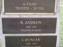 Helidon Cemetery Trustees memorial;
A. TIGHE, trustee 38 years;
R. ANDREW, died 1977, trustee 39 years;
L. DUNCAN, died 1984, trustee 45 years;
U.C. (Dooley) PAROZ, died 1987, trustee 31 years;
C. GREER, died 1987, trustee 40 years;
W.A. BATEMAN, died 1989, trustee 33 years;
B.A. HAWLEY, died 1990, trustee 13 years;
Helidon General cemetery, Gatton Shire