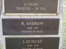 
Helidon Cemetery Trustees memorial;
A. TIGHE, trustee 38 years;
R. ANDREW, died 1977, trustee 39 years;
L. DUNCAN, died 1984, trustee 45 years;
U.C. (Dooley) PAROZ, died 1987, trustee 31 years;
C. GREER, died 1987, trustee 40 years;
W.A. BATEMAN, died 1989, trustee 33 years;
B.A. HAWLEY, died 1990, trustee 13 years;
Helidon General cemetery, Gatton Shire
