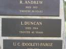 Helidon Cemetery Trustees memorial;
A. TIGHE, trustee 38 years;
R. ANDREW, died 1977, trustee 39 years;
L. DUNCAN, died 1984, trustee 45 years;
U.C. (Dooley) PAROZ, died 1987, trustee 31 years;
C. GREER, died 1987, trustee 40 years;
W.A. BATEMAN, died 1989, trustee 33 years;
B.A. HAWLEY, died 1990, trustee 13 years;
Helidon General cemetery, Gatton Shire