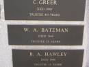 Helidon Cemetery Trustees memorial;
A. TIGHE, trustee 38 years;
R. ANDREW, died 1977, trustee 39 years;
L. DUNCAN, died 1984, trustee 45 years;
U.C. (Dooley) PAROZ, died 1987, trustee 31 years;
C. GREER, died 1987, trustee 40 years;
W.A. BATEMAN, died 1989, trustee 33 years;
B.A. HAWLEY, died 1990, trustee 13 years;
Helidon General cemetery, Gatton Shire