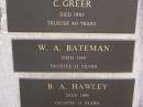 
Helidon Cemetery Trustees memorial;
A. TIGHE, trustee 38 years;
R. ANDREW, died 1977, trustee 39 years;
L. DUNCAN, died 1984, trustee 45 years;
U.C. (Dooley) PAROZ, died 1987, trustee 31 years;
C. GREER, died 1987, trustee 40 years;
W.A. BATEMAN, died 1989, trustee 33 years;
B.A. HAWLEY, died 1990, trustee 13 years;
Helidon General cemetery, Gatton Shire
