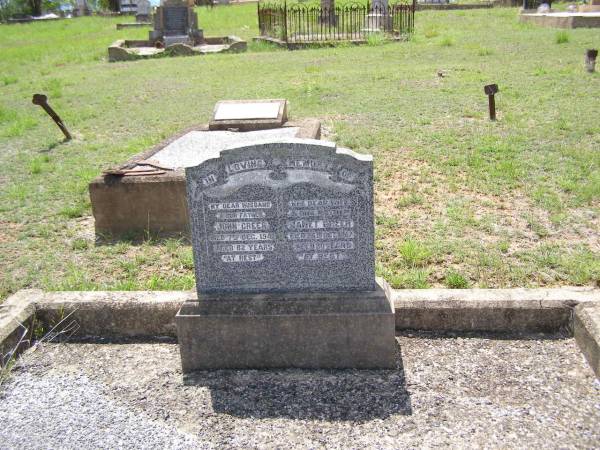 John GREER,  | husband father,  | died 7 Dec 1941 aged 82 years;  | Janet GREER,  | wife mother,  | died 26? Oct 1947 aged 80 years;  | Helidon General cemetery, Gatton Shire  |   | 