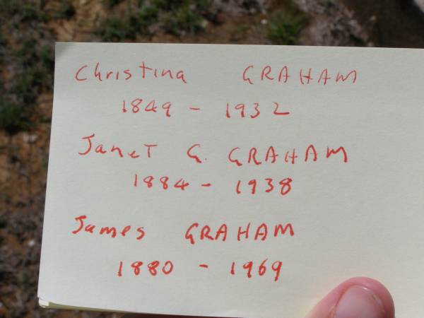 Christina GRAHAM  | 1849 - 1932;  | Janet G. GRAHAM,  | 1884 - 1938;  | James GRAHAM  | 1880 - 1969;  | Helidon General cemetery, Gatton Shire  | 