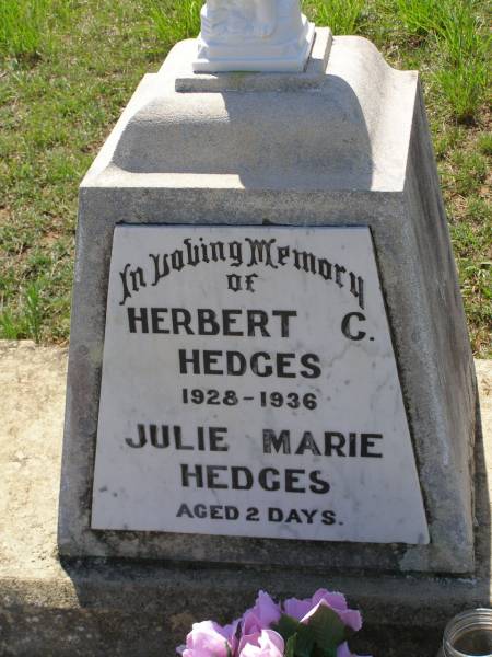 Herbert C. HEDGES,  | 1928 - 1936;  | Julie Marie HEDGES,  | aged 2 days;  | Helidon General cemetery, Gatton Shire  | 