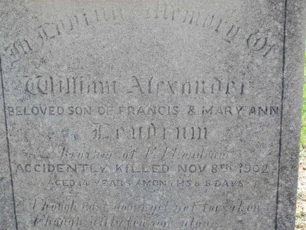 William Alexander,  | son of Francis & Mary Ann LENDRUM,  | brother of F. Lendrum,  | accidentally killed 8 Nov 1902  | aged 14 years 4 months 8 days;  | Helidon General cemetery, Gatton Shire  | 