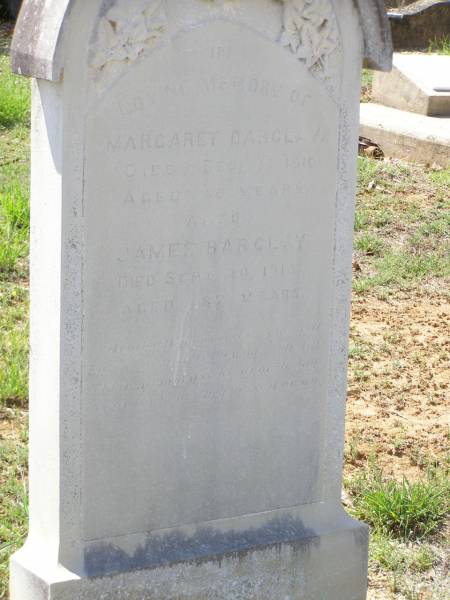 Margaret BARCLAY,  | died 27 Dec 1910 aged 86 years;  | James BARCLAY,  | died 20 Sept 1915 aged 87 years;  | Helidon General cemetery, Gatton Shire  | 