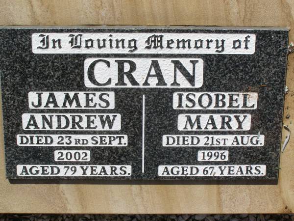 parents;  | James CRAN,  | died 22 Dec 1954 aged 73 years;  | Elizabeth Louisa CRAN,  | died 4 Dec 1976 aged 84 years;  | James Andrew CRAN,  | died 23 Sept 2002 aged 79 years;  | Isobel Mary CRAN,  | died 21 Aug 1996 aged 67 years;  | Helidon General cemetery, Gatton Shire  | 