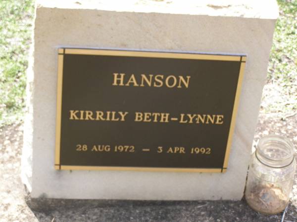 Kirrily Beth-Lynne HANSON.  | 28 Aug 1972 - 3 Apr 1992;  | Helidon General cemetery, Gatton Shire  | 