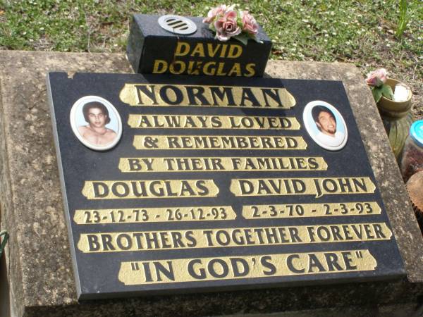 Douglas NORMAN,  | 23-12-73 - 26-12-93;  | David John NORMAN,  | 2-3-70 - 2-3-93;  | brothers;  | Helidon General cemetery, Gatton Shire  | 