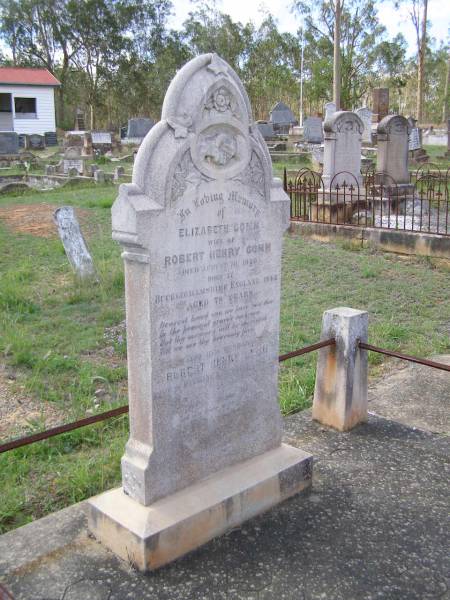 Elizabeth GOMM,  | wife of Robert Henry GOMM,  | died 16 August 1920,  | born Buckinghamshire England 1842 aged 78 years;  | Robert Henry GOMM,  | husband,  | native of Buckinghamshire England,  | died 16? Oct 1922 aged 81 years;  | Helidon General cemetery, Gatton Shire  | 