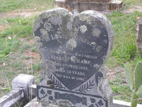 Herbert A. KAMP,  | husband father,  | died 17 Feb 1932 aged 32 years;  | Helidon General cemetery, Gatton Shire  | 