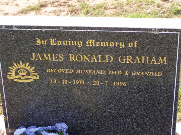 James Ronald GRAHAM,  | husband dad grandad,  | 13-10-1914 - 20-7-1996;  | Helidon General cemetery, Gatton Shire  | 