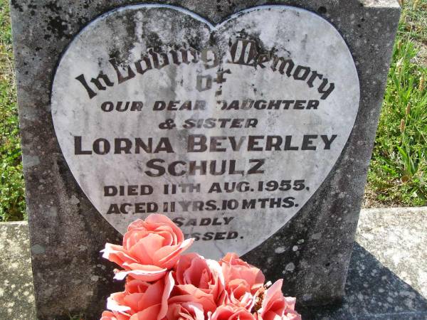 Lorna Beverley SCHULZ,  | daughter sister,  | died 11 Aug 1955 aged 11 years 10 months;  | Helidon General cemetery, Gatton Shire  | 