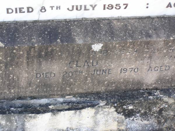 Albert Ernest WILKINSON,  | husband father,  | died 15 June 1937 aged 72 years;  | Mary Frances WILKINSON,  | mother,  | died 8 July 1957 aged 91 years;  | Gladys P. WILKINSON,  | sister,  | died 20 June 1970 aged 73 years;  | Helidon General cemetery, Gatton Shire  | 