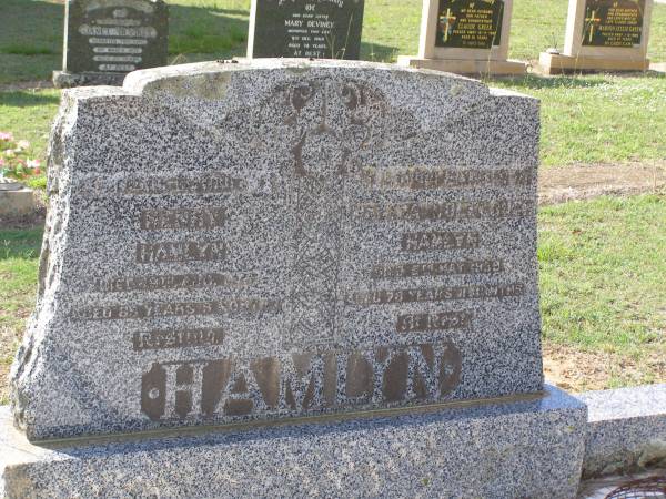 Henry HAMLYN,  | father,  | died 19 Aug 1948 aged 85 years 8 months;  | Martha Colclough HAMLYN,  | mother,  | died 5 May 1939 aged 78 years 11 months;  | Helidon General cemetery, Gatton Shire  | 